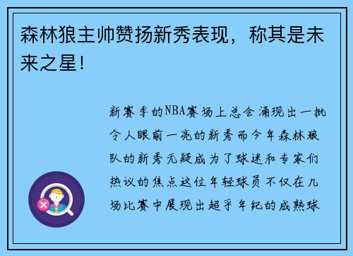 森林狼主帅赞扬新秀表现，称其是未来之星！