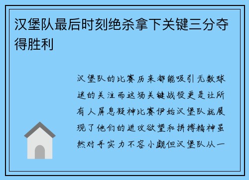 汉堡队最后时刻绝杀拿下关键三分夺得胜利